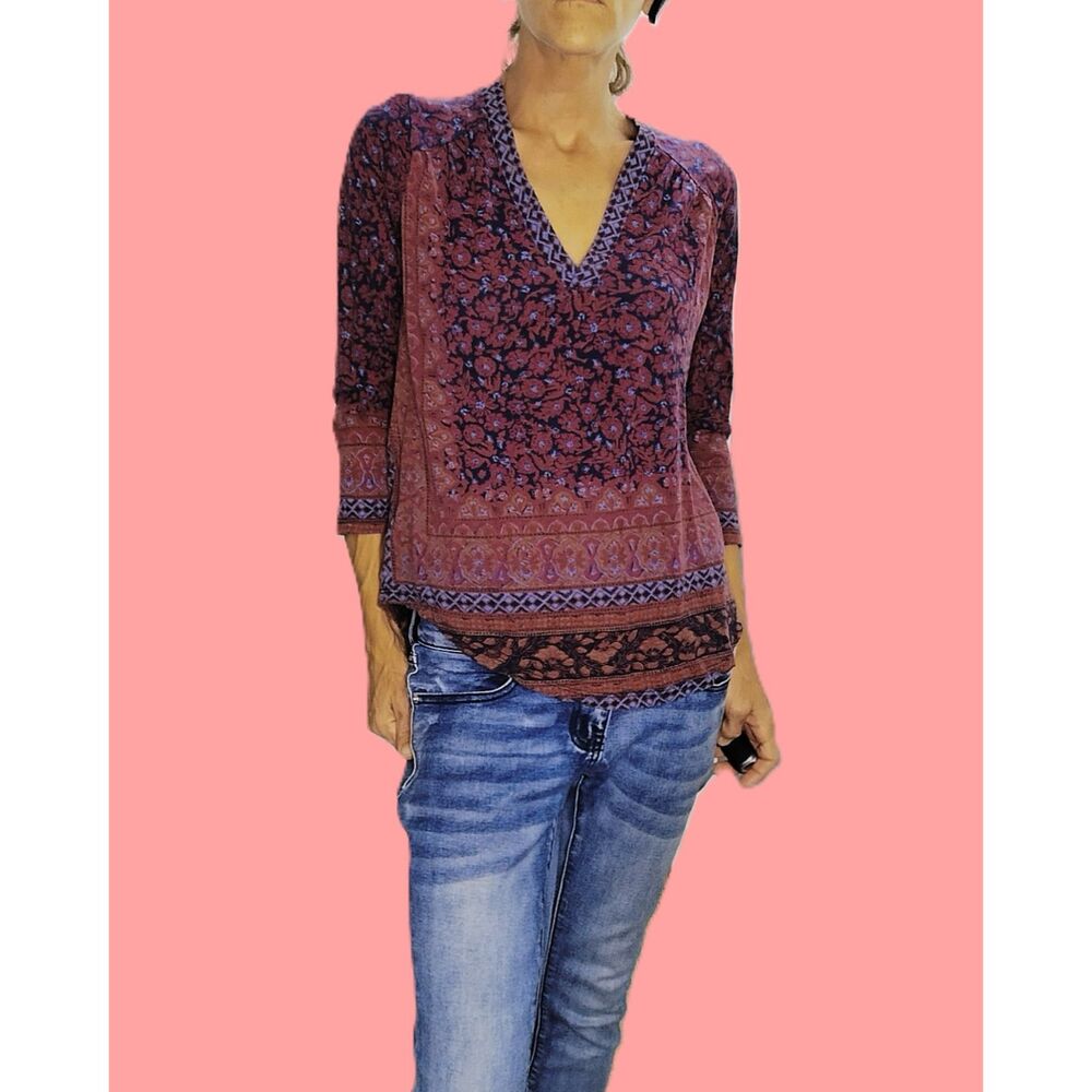 Lucky Brand ~ Boho Arabian Rug Print Hi-Lo Long Sleeve Top ~ Small